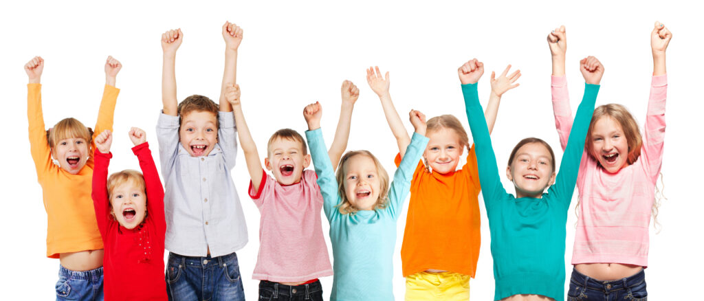 Lakeside smile Happiness group children with their hands up isolated on white