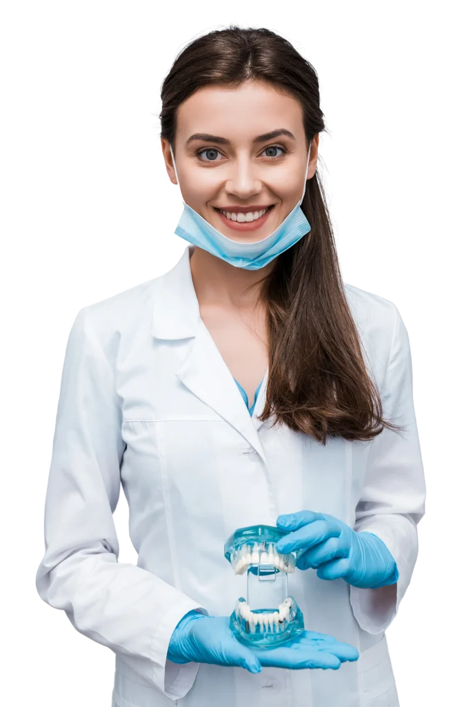 Lakeside smile cheerful-dentist-in-medical-mask-holding-teeth for Gingival Pocket Exam