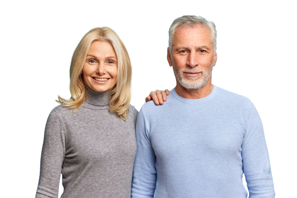 At Lakeside smile mature couple stand next to each other with Dentures ,Oral Cancer